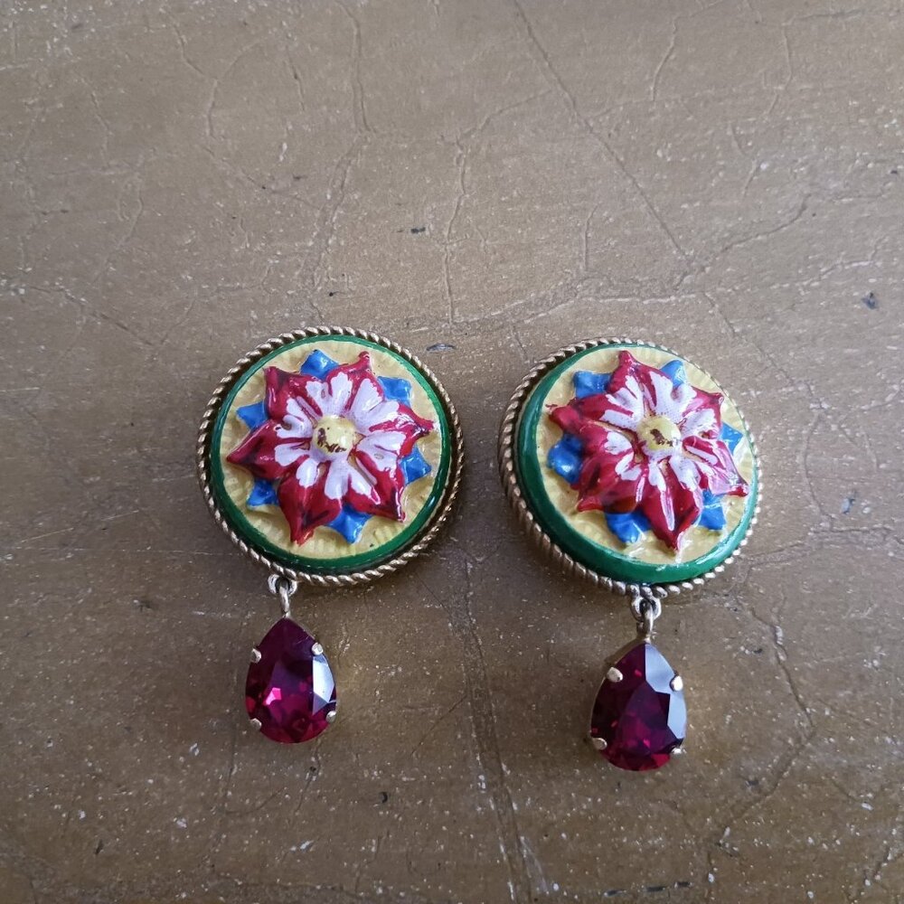 Dolce & Gabbana Red Green Yellow Green Flower Drop Dangle Clip On - Picture 3 of 5